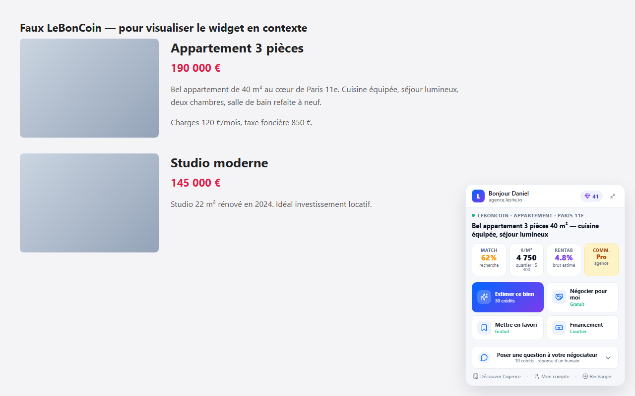 L'extension ouverte à côté d'une annonce : prix au m², rentabilité, type de vendeur, et les boutons pour envoyer le bien dans son espace.