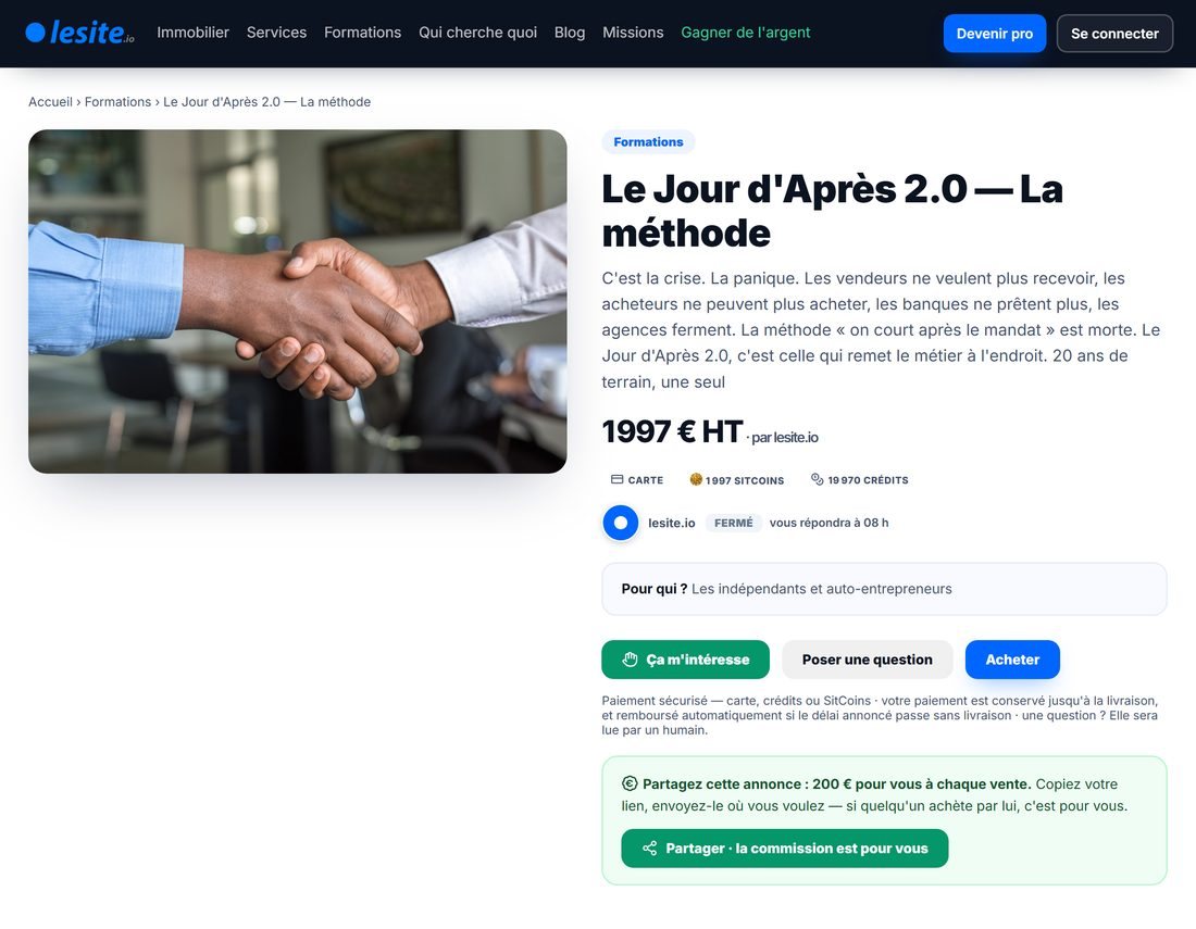 Une formation en ligne sur lesite.io : son titre, son prix, les moyens de paiement et le bouton pour l'acheter.